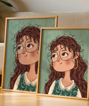 Illustration of a Thoughtful Girl with Glasses and Curly Hair