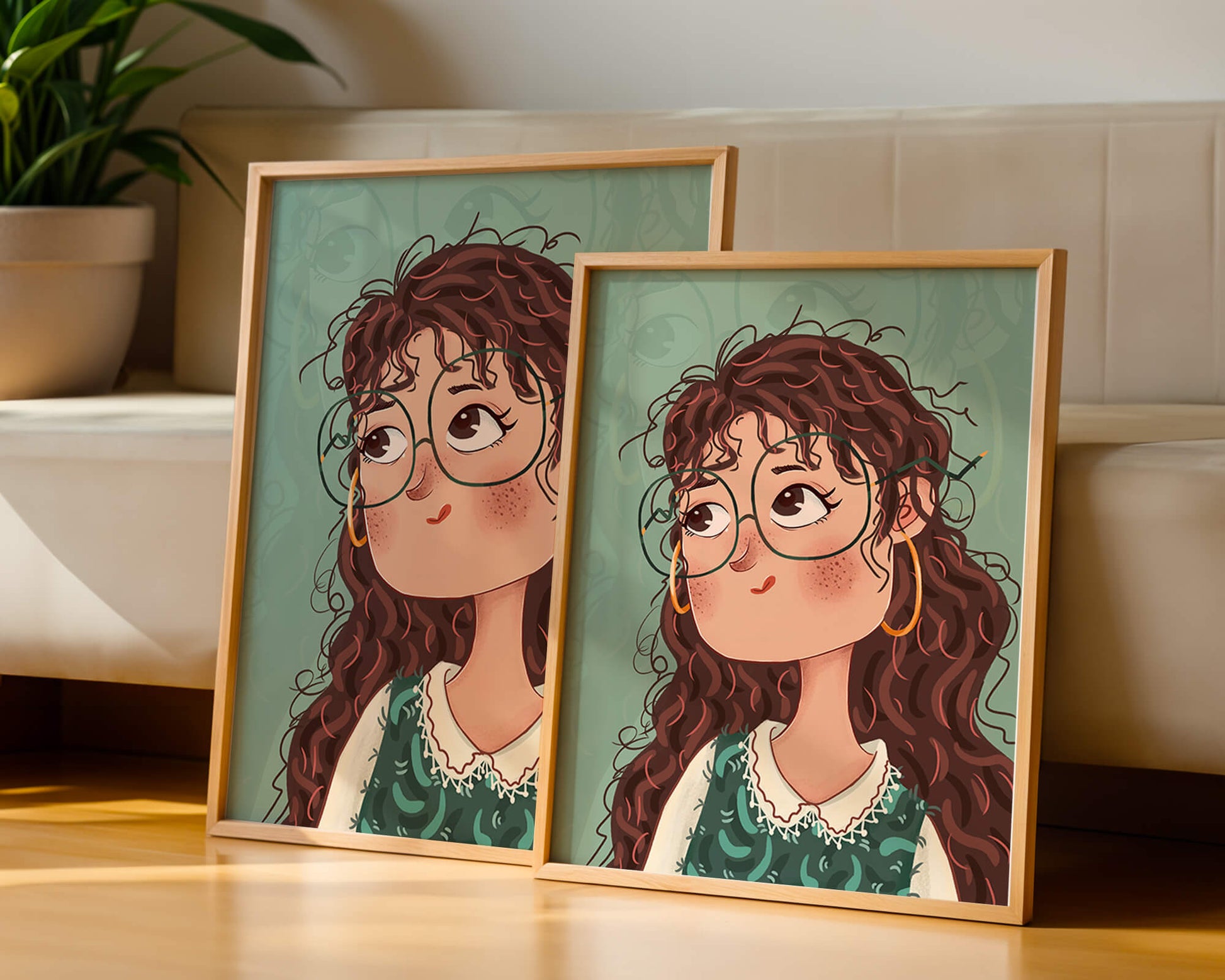 Ilustración de una chica pensativa con gafas y pelo rizado