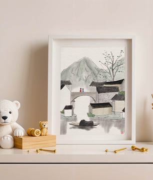 Serene mountain village ink painting with bridge and boat