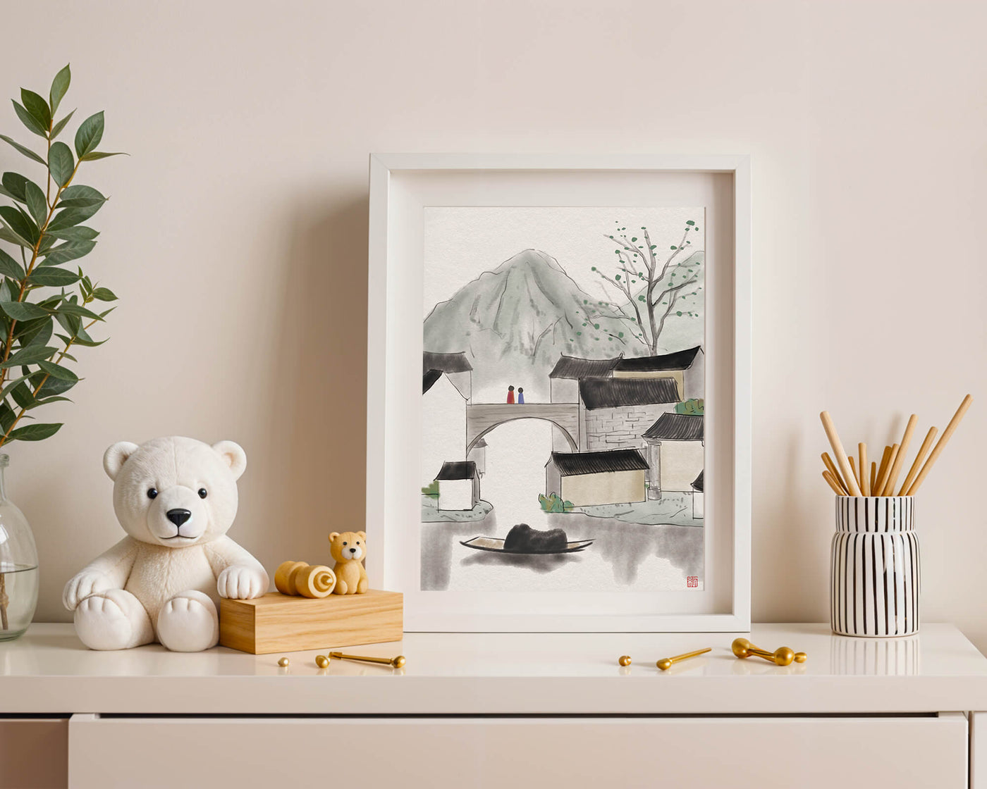Serene mountain village ink painting with bridge and boat