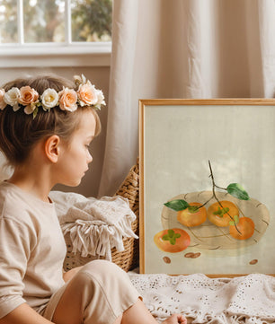 Still Life with Persimmons and Branch on a Neutral Background