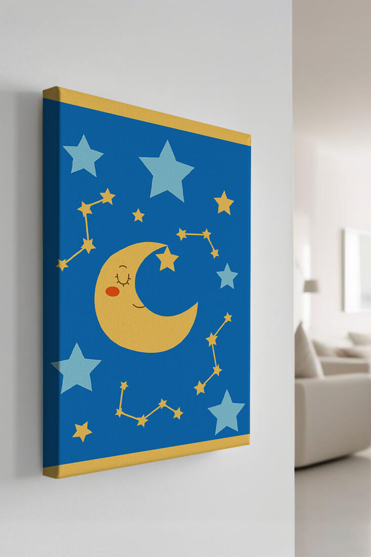 Whimsical children's room decor with smiling moon and stars