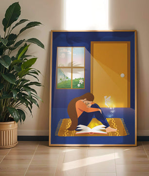 Woman sitting with an open magical book and a fairy in a room