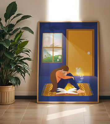 Woman sitting with an open magical book and a fairy in a room