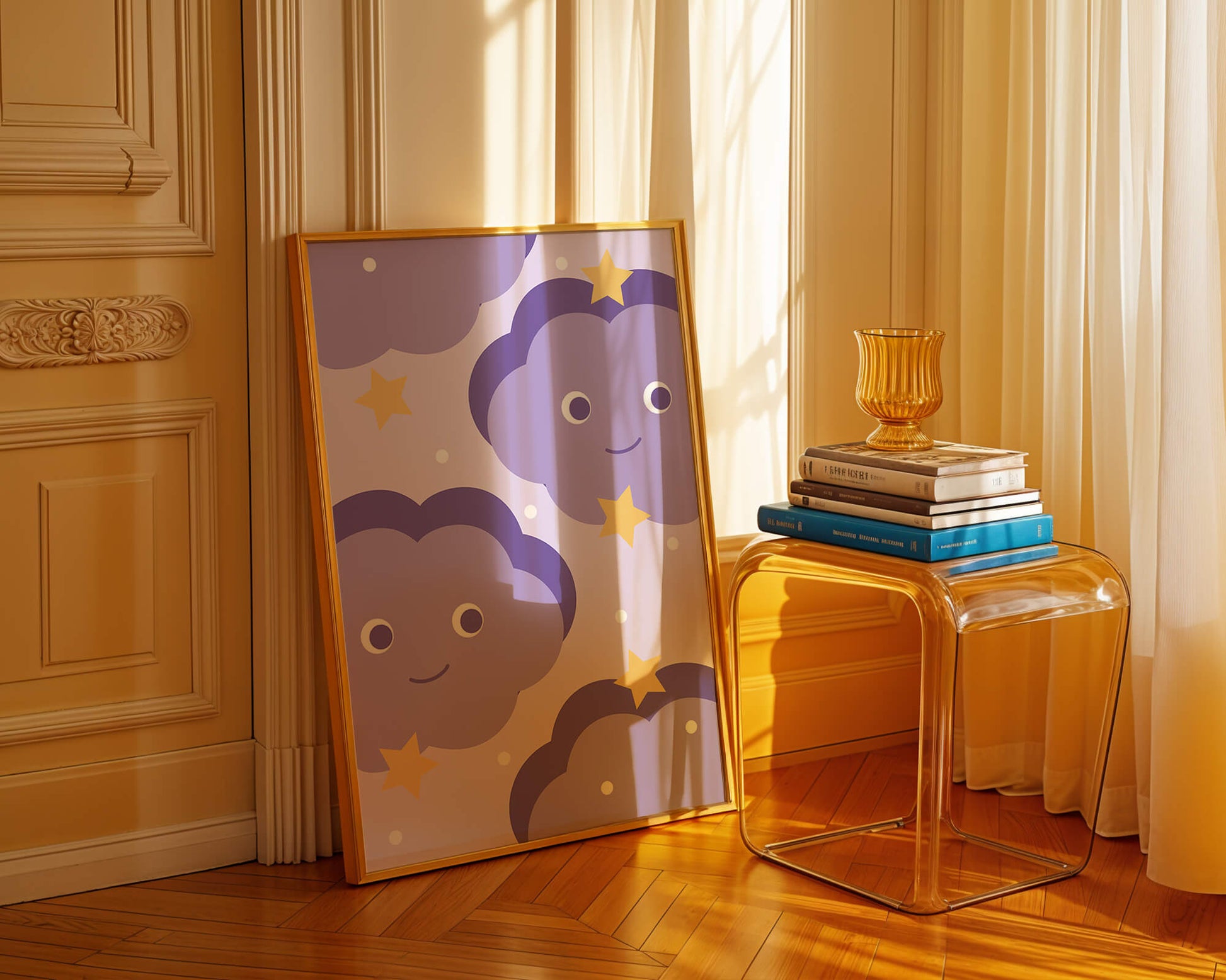 Whimsical purple cloud and star pattern for children's room decor