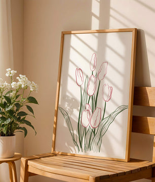 Wunderschöne rosa Tulpen mit grünen Blättern auf einer minimalistischen Leinwand