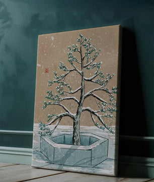 Paisaje invernal con ilustración de árbol bonsái cubierto de nieve