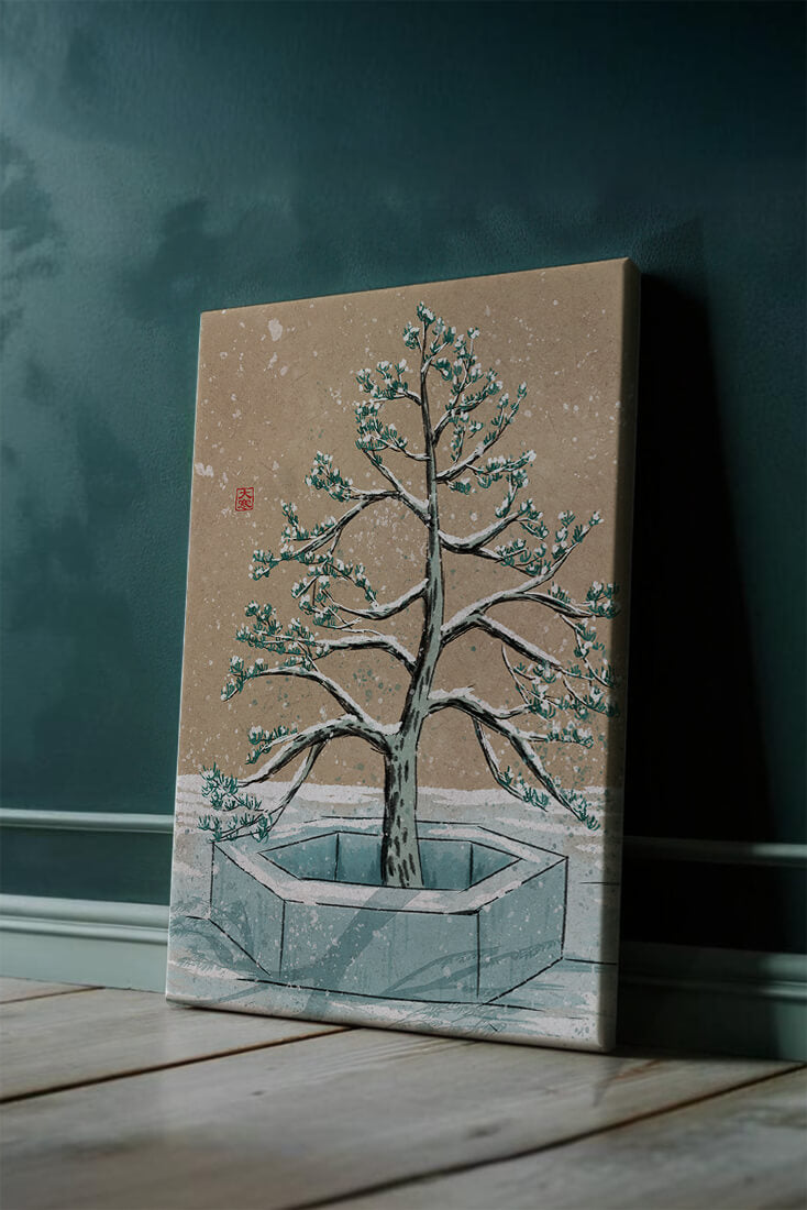 Paisaje invernal con ilustración de árbol bonsái cubierto de nieve