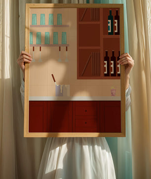 Interior de cocina moderna con gabinetes de madera y estantes de vidrio