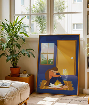 Woman sitting with an open magical book and a fairy in a room