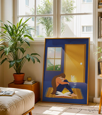 Woman sitting with an open magical book and a fairy in a room