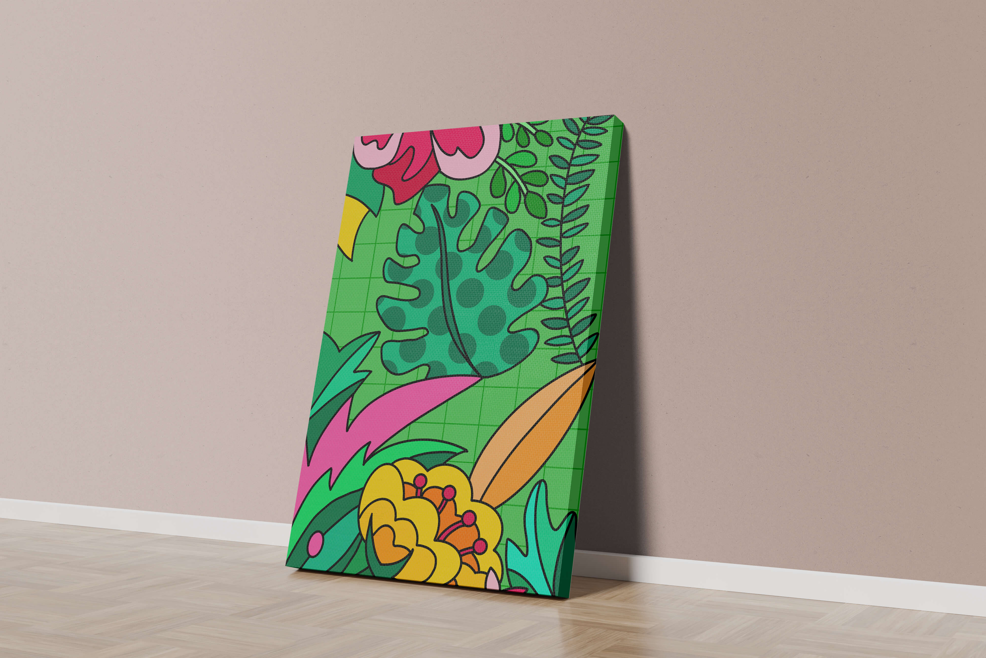 Colorful botanical illustration with vibrant tropical elements
