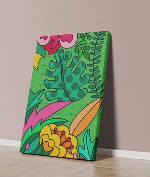 Colorful botanical illustration with vibrant tropical elements