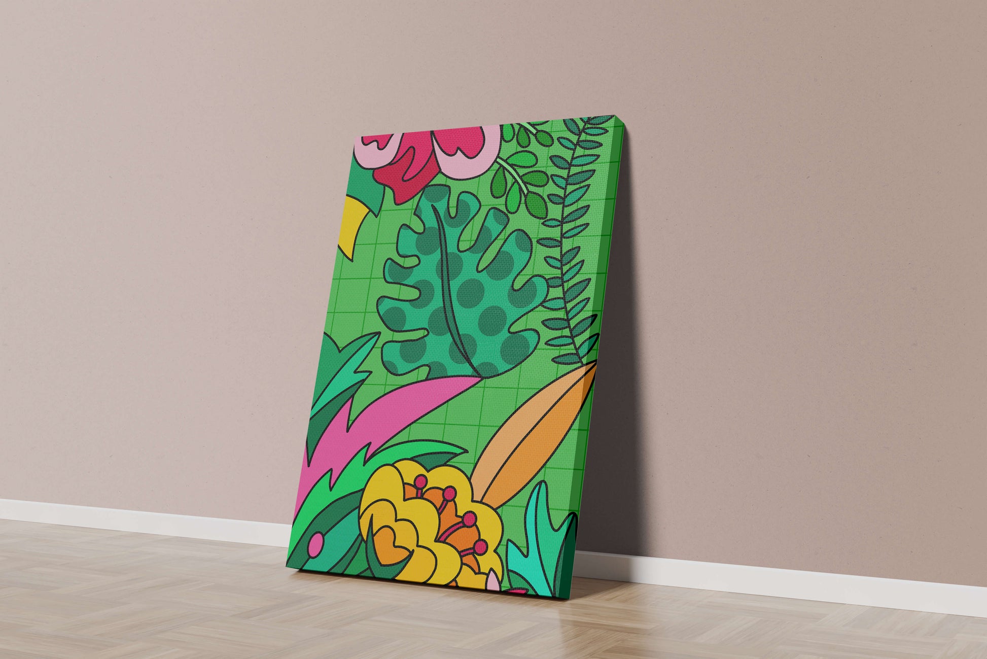 Colorful botanical illustration with vibrant tropical elements