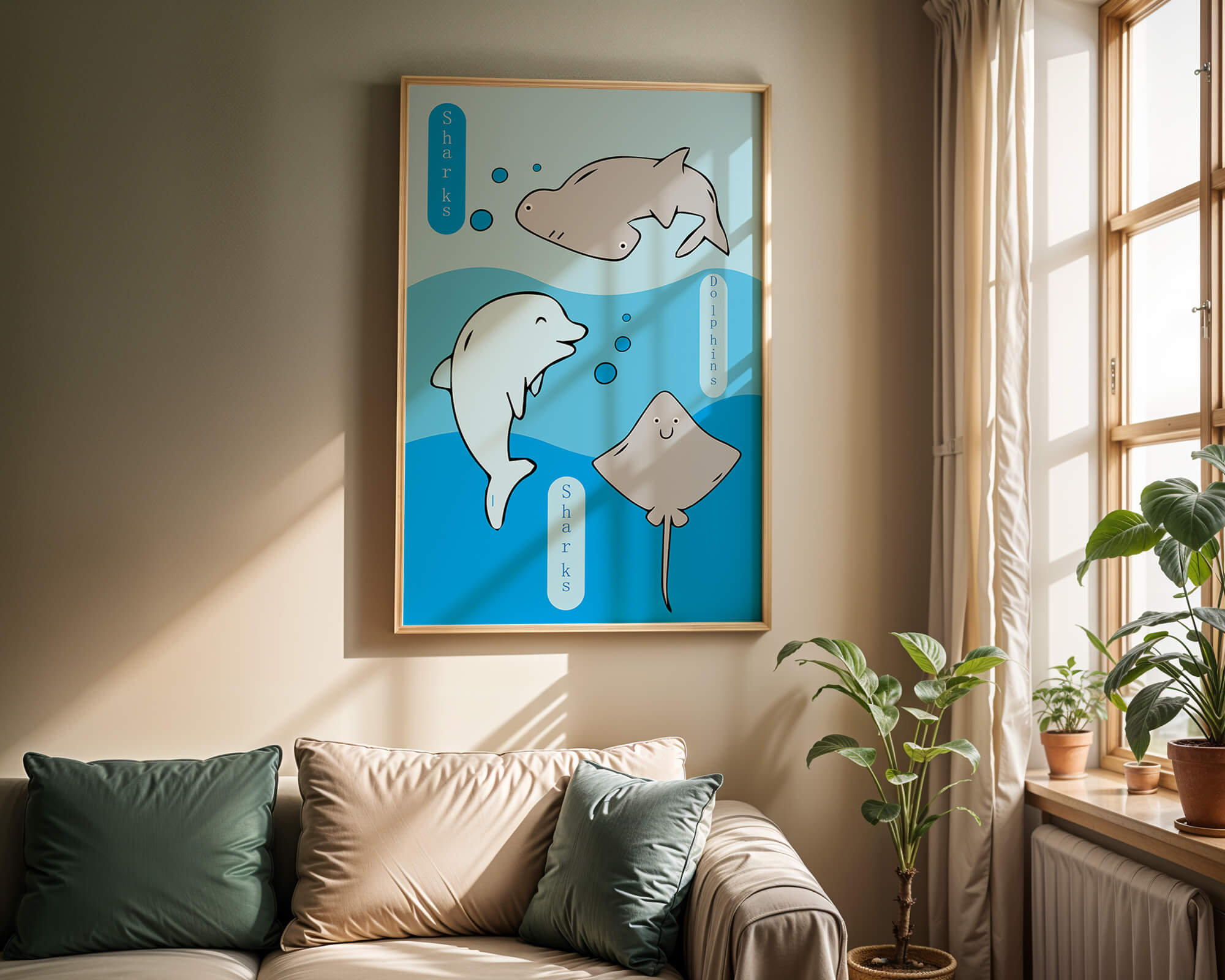 Cartoon sea animals illustration with shark, dolphin, and stingray