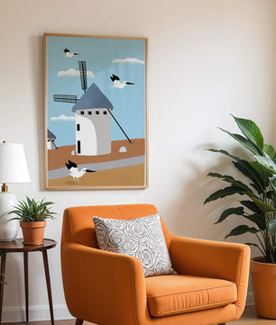 Windmill Landscape with Birds in a Minimalist Style