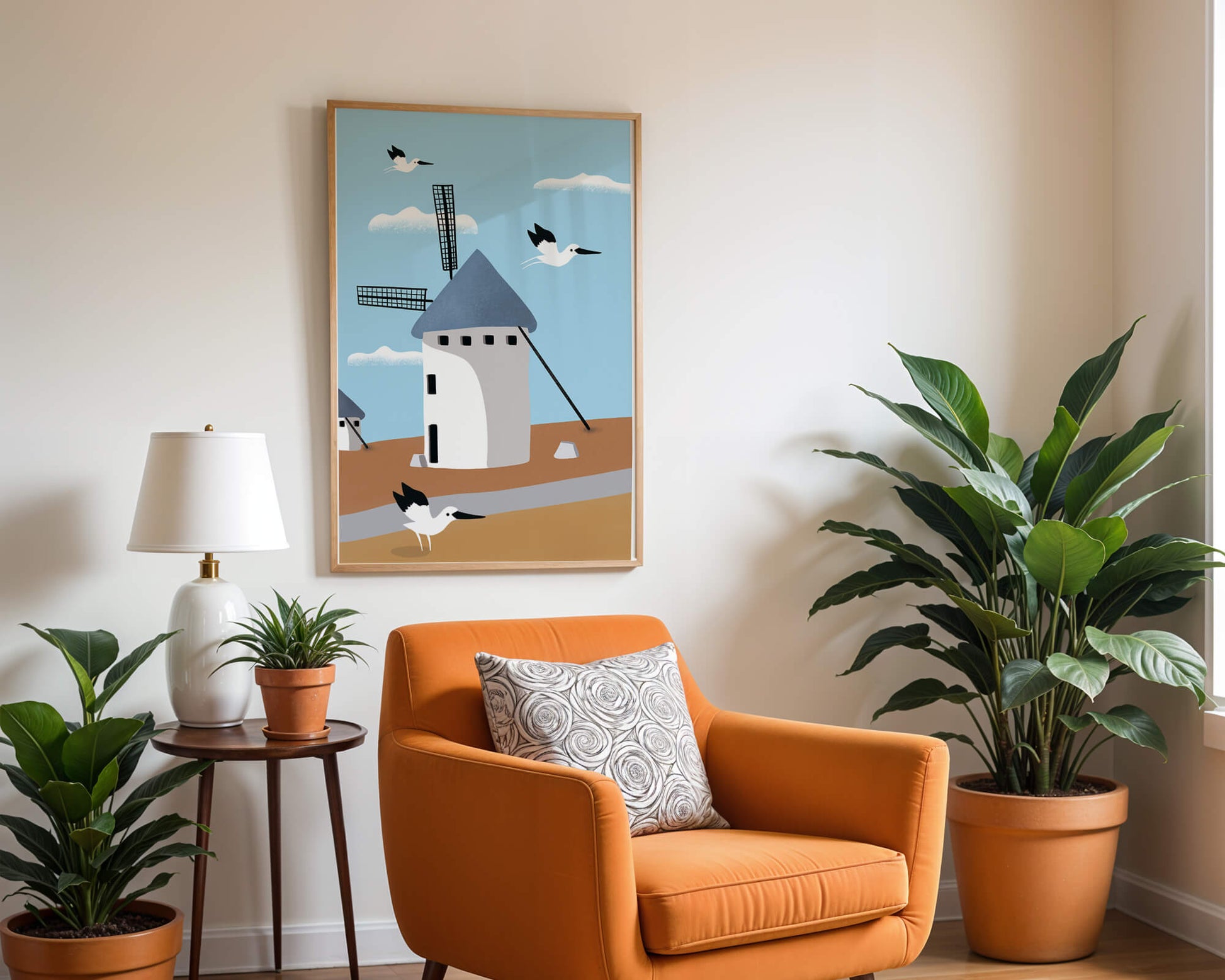 Paisaje de molino de viento con pájaros en estilo minimalista