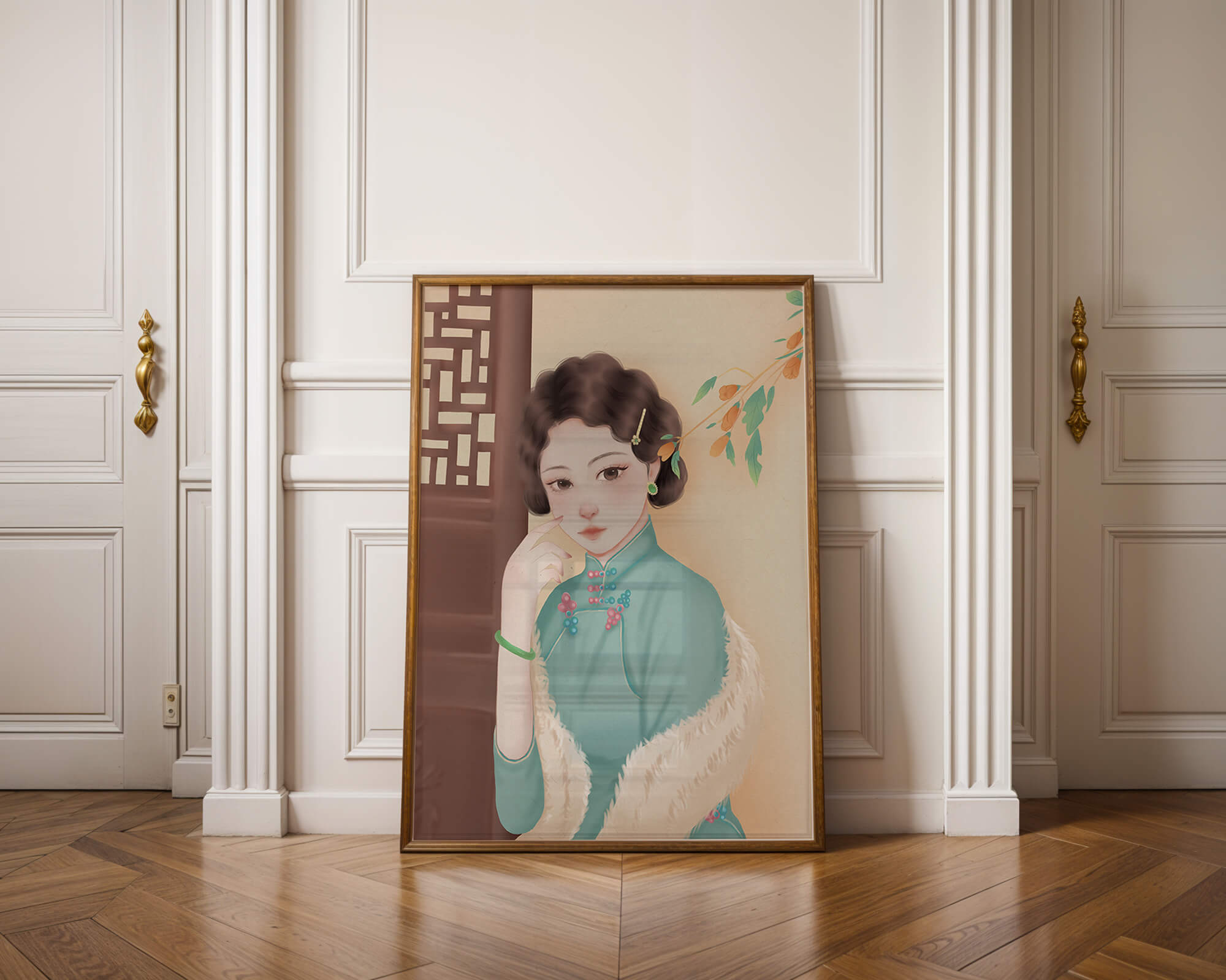 Elegant portrait of a woman in traditional attire with jade accessories