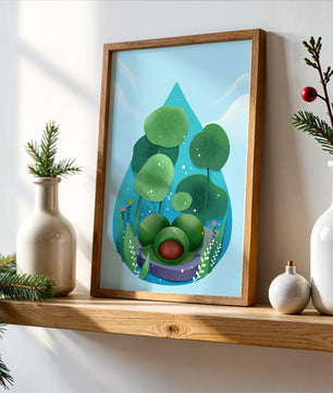 Nature-inspired abstract illustration with leaves and spheres
