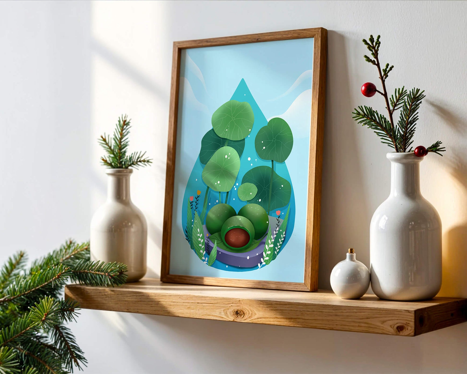 Nature-inspired abstract illustration with leaves and spheres