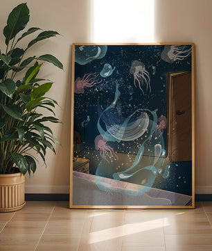 Tema de cuarto submarino con medusas y una puerta