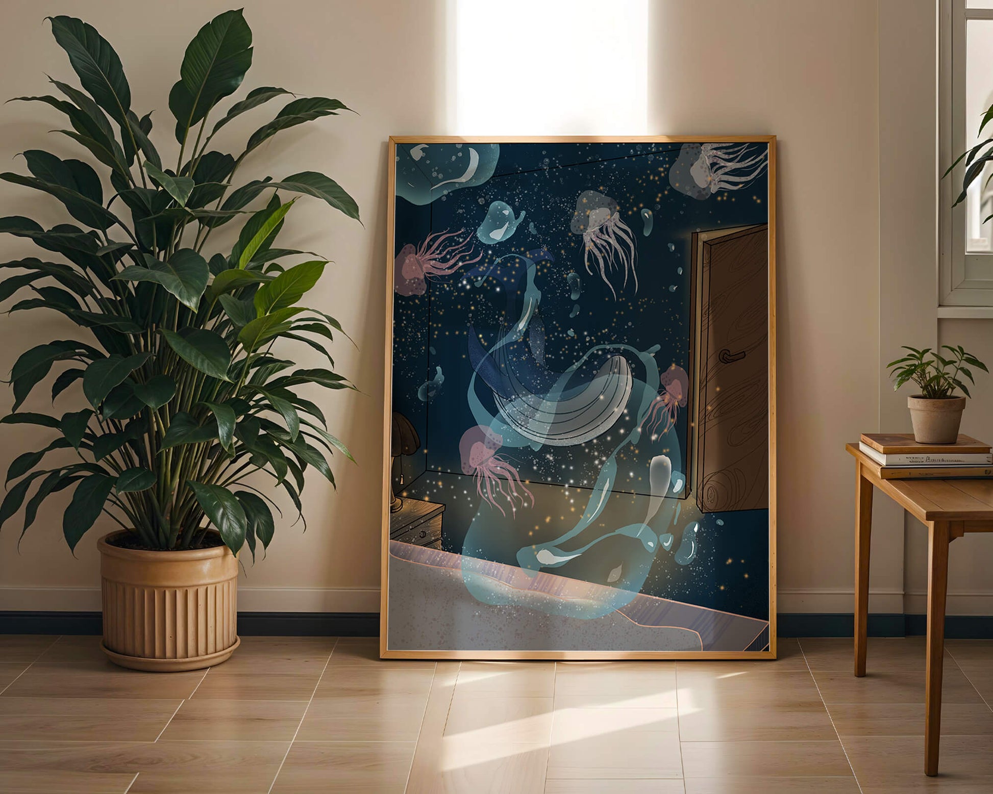 Underwater-themed room with jellyfish and a door