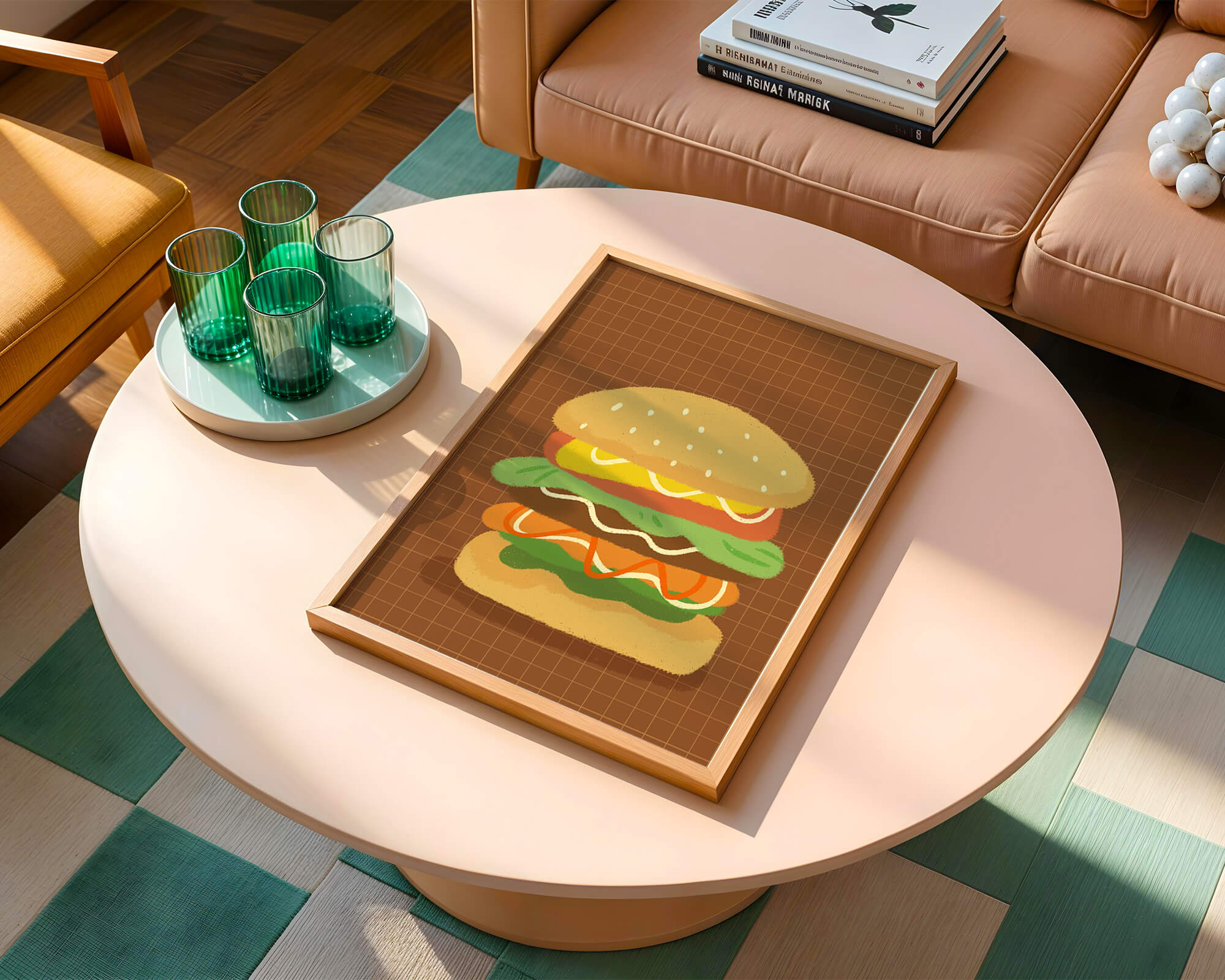 Illustrated cheeseburger with colorful layers on a grid background