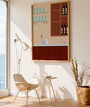 Interior de cocina moderna con gabinetes de madera y estantes de vidrio
