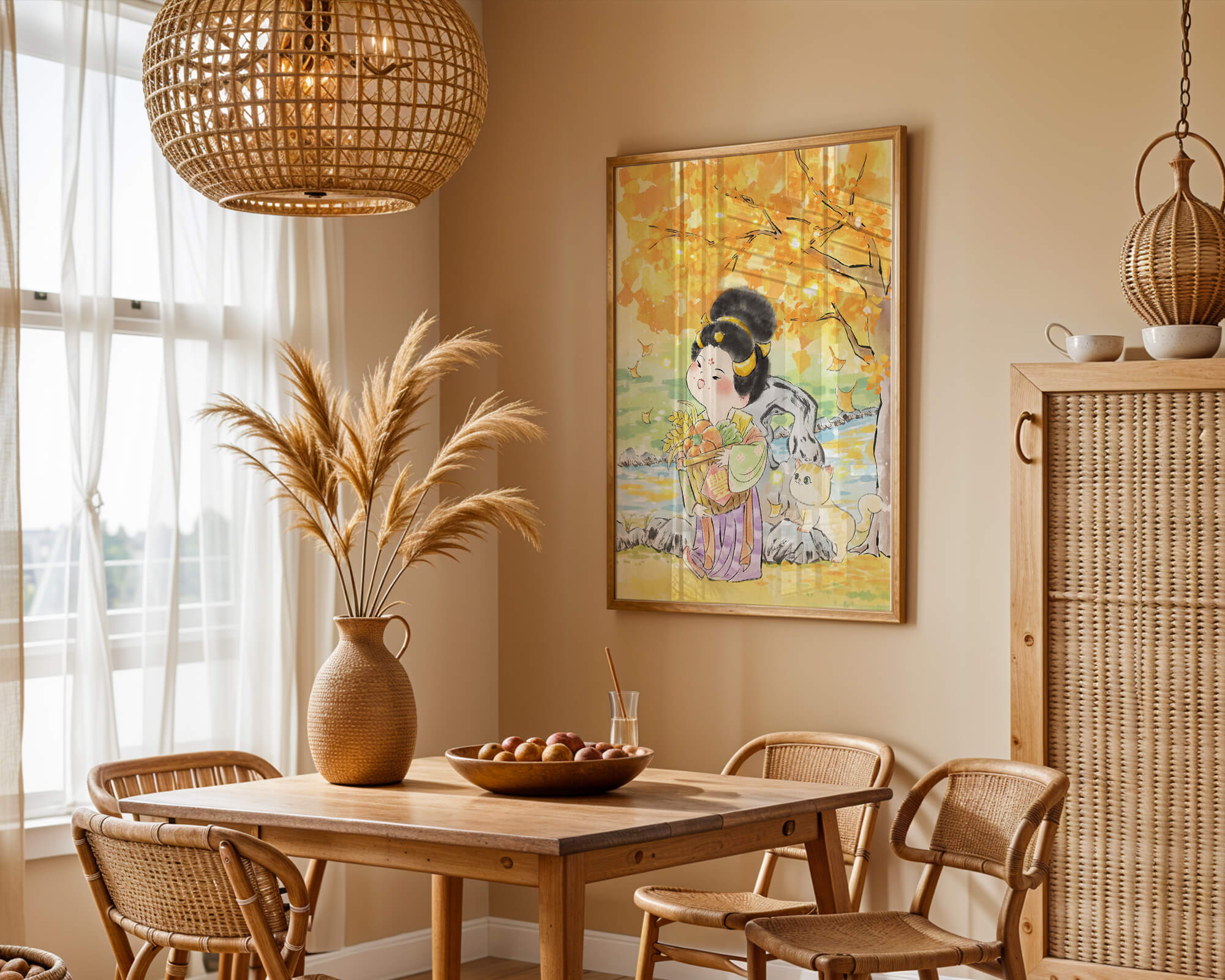 Charming watercolor scene of girl with basket in autumn setting