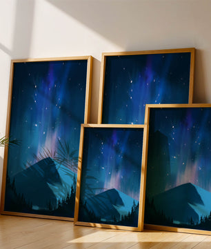 Paisaje montañoso sereno con auroras boreales y bosque oscuro