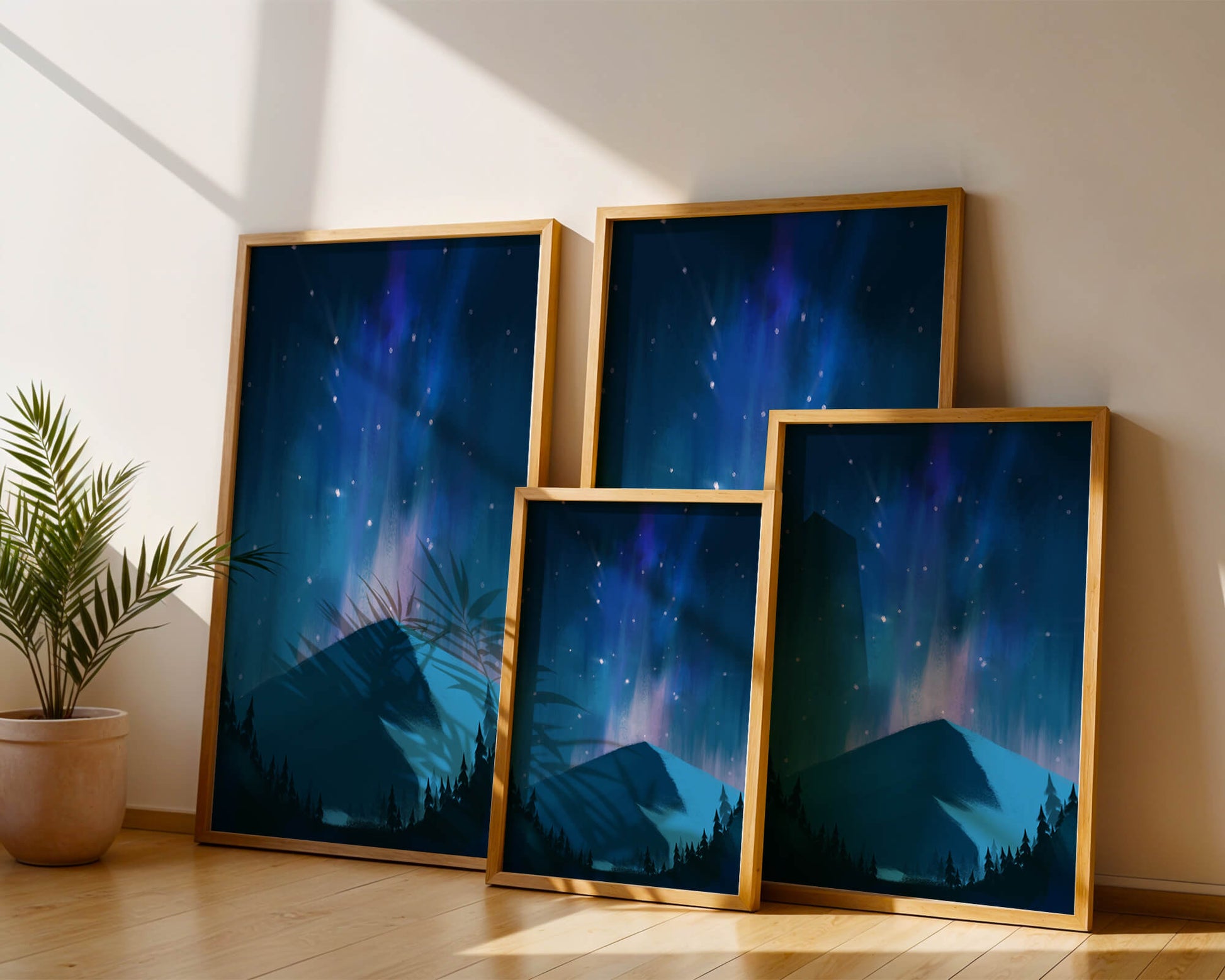 Paisaje montañoso sereno con auroras boreales y bosque oscuro