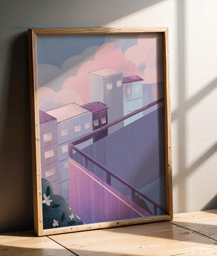 Urban Pastel Scene with Buildings and Pink Clouds