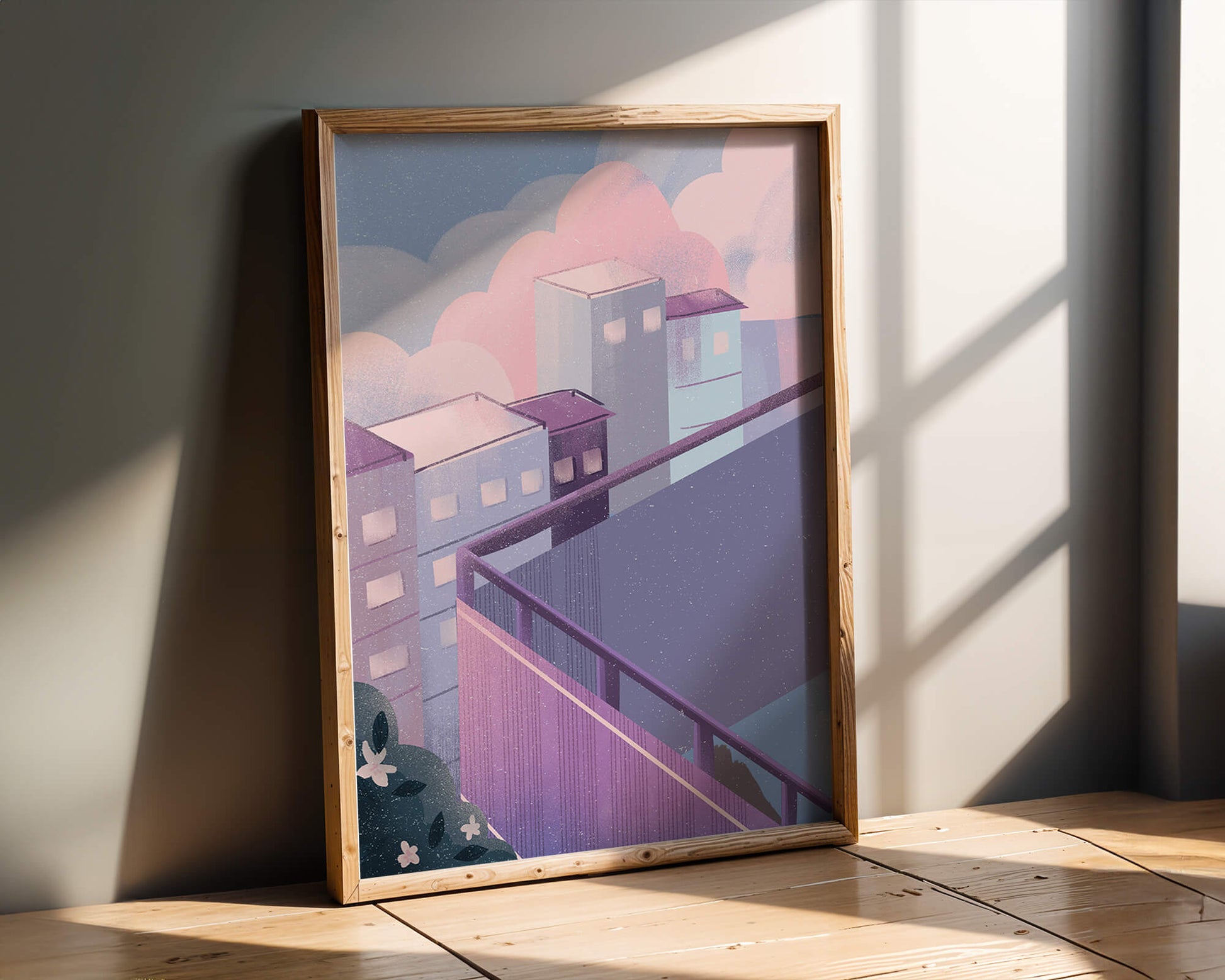 Urban Pastel Scene with Buildings and Pink Clouds