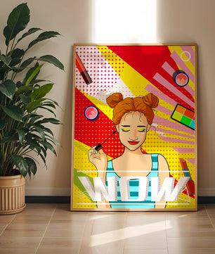 Ilustración de arte pop vibrante con una niña sonriente con maquillaje colorido y patrones audaces