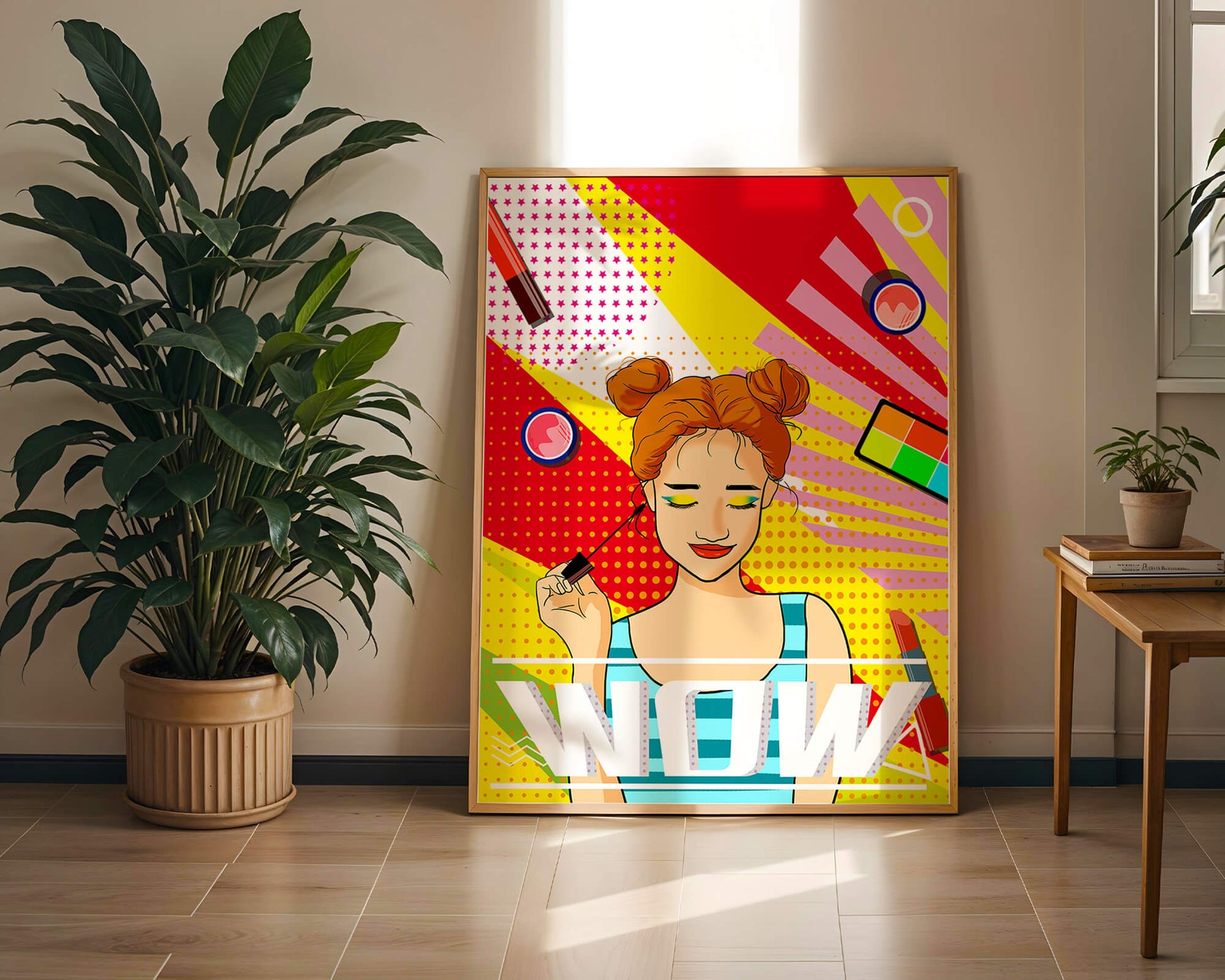 Ilustración de arte pop vibrante con una niña sonriente con maquillaje colorido y patrones audaces