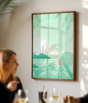 Paisaje de acuarela verde con nenúfares y colinas