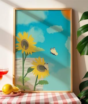 Sunflowers And Butterflies Under A Bright Blue Sky
