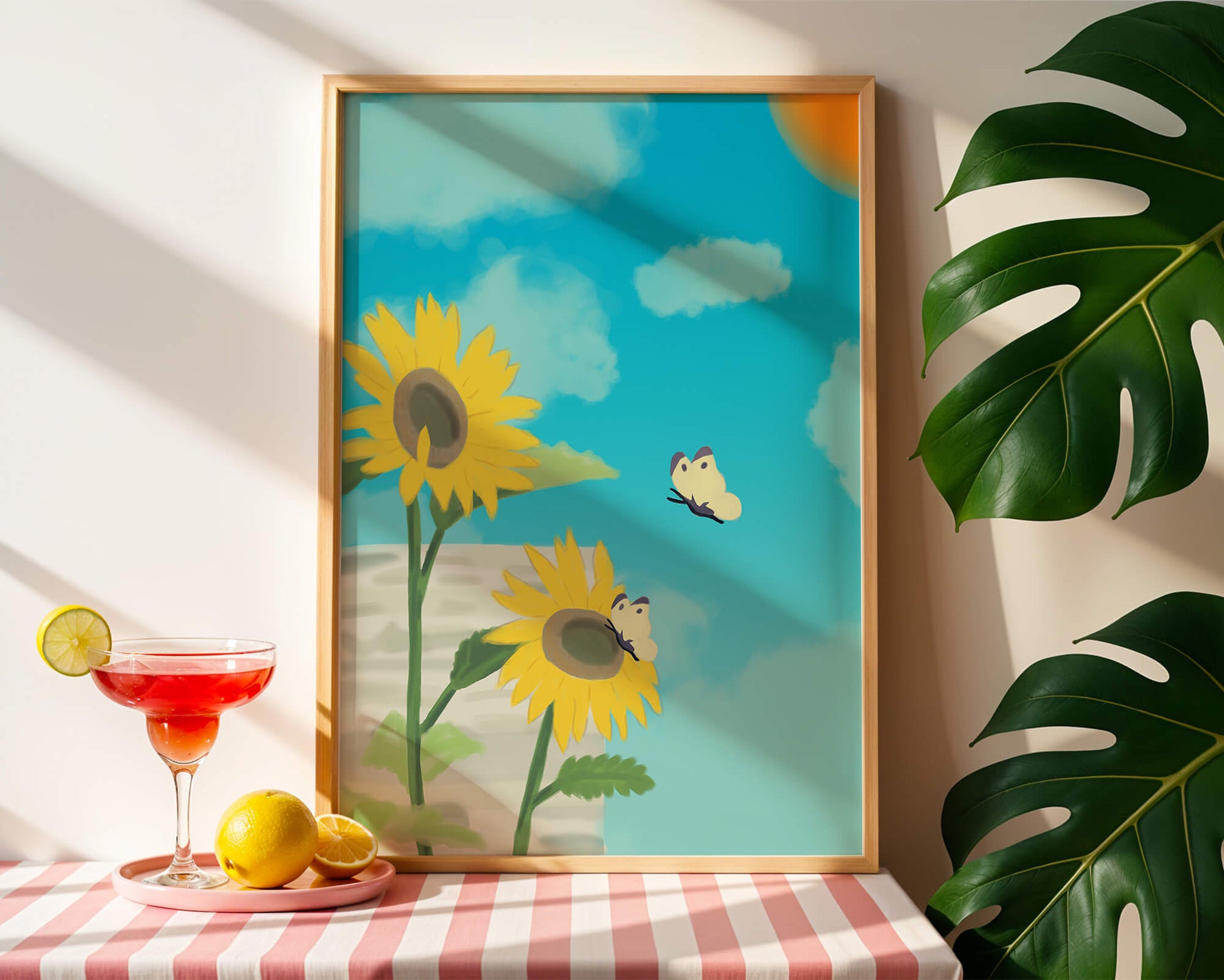Sunflowers And Butterflies Under A Bright Blue Sky