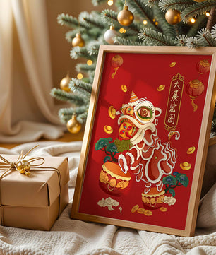 Ilustración de la danza del león china tradicional con elementos festivos