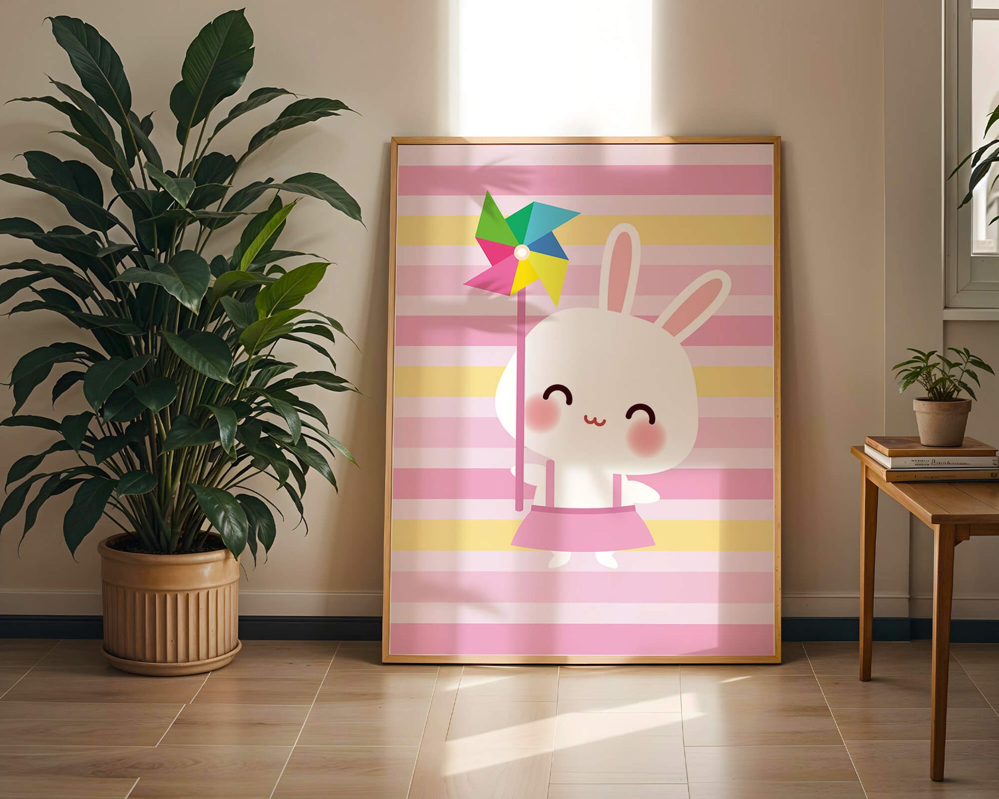 Adorable bunny with pinwheel on pastel striped backdrop