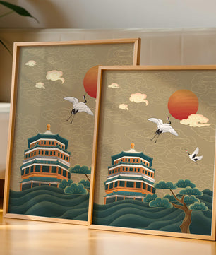 Traditional Asian artwork with cranes and pagoda under a red sun