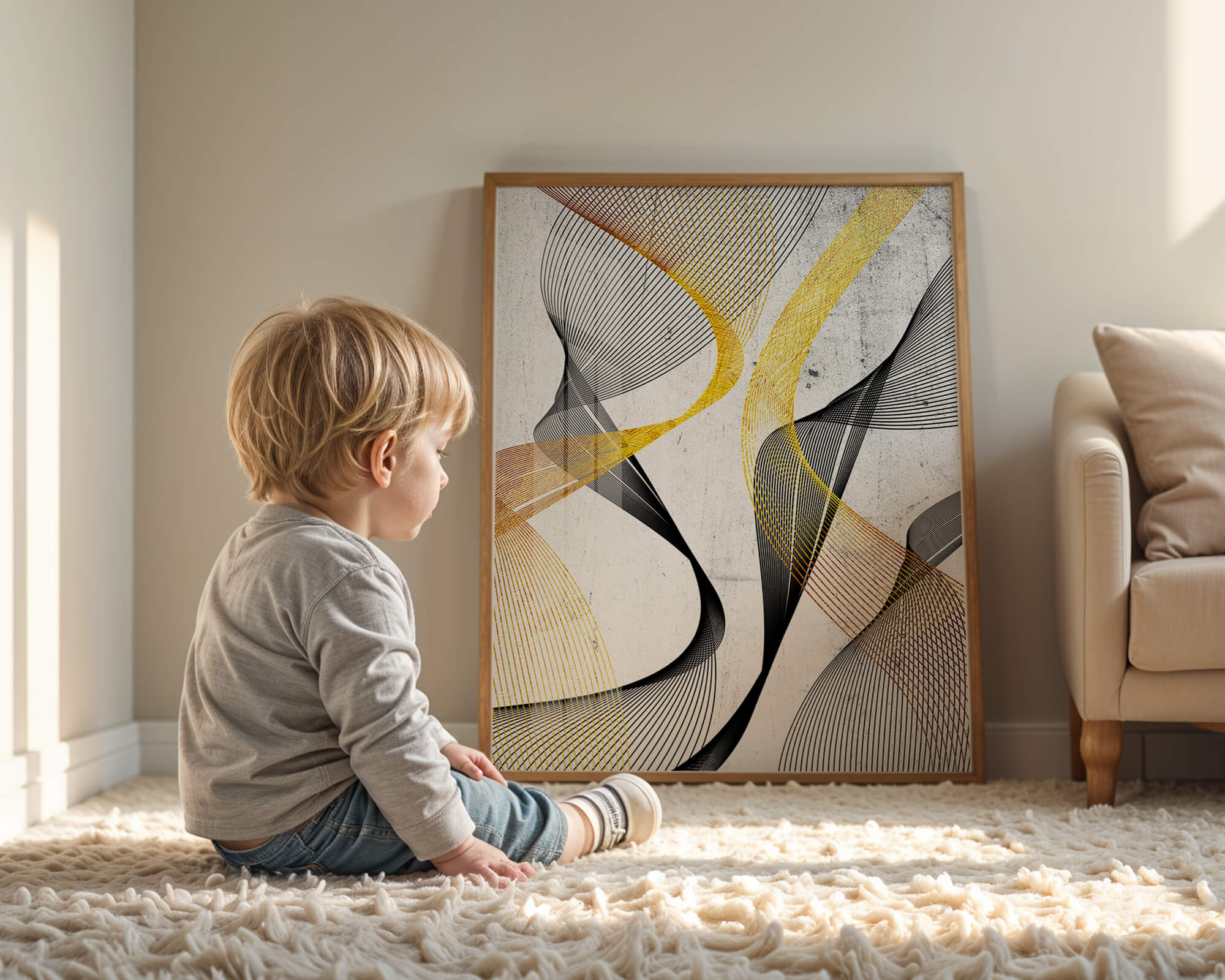 Abstract dynamic lines with golden and black swirls on textured background
