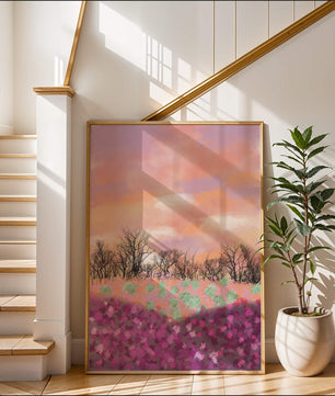 Paisaje sereno con campo floral vibrante y cielo pastel