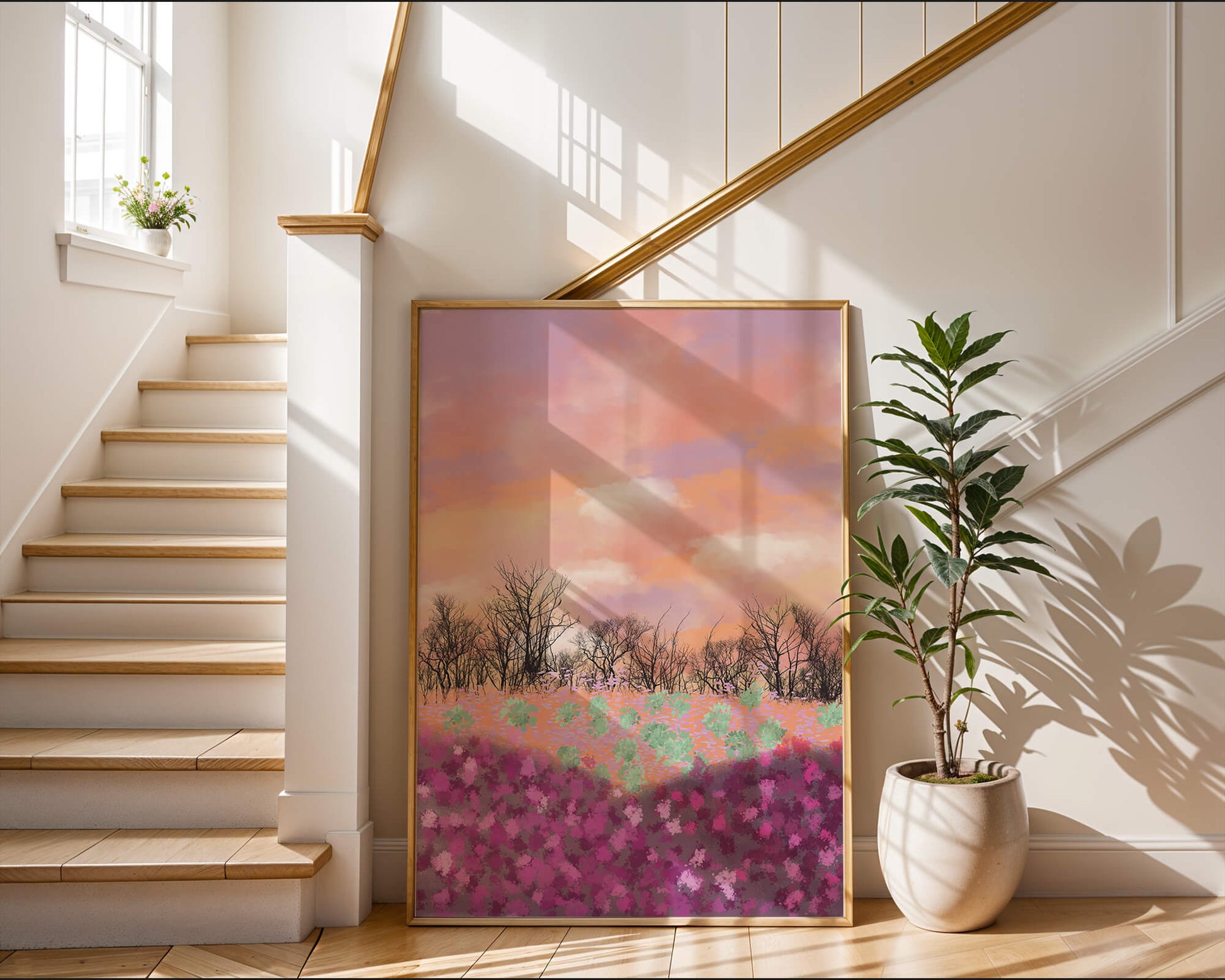 Paisaje sereno con campo floral vibrante y cielo pastel