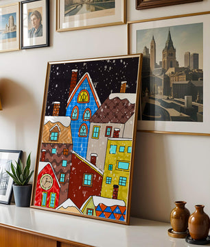 Farbenfrohe Winterstadtlandschaft mit schneebedeckten Häusern im Cartoon-Stil