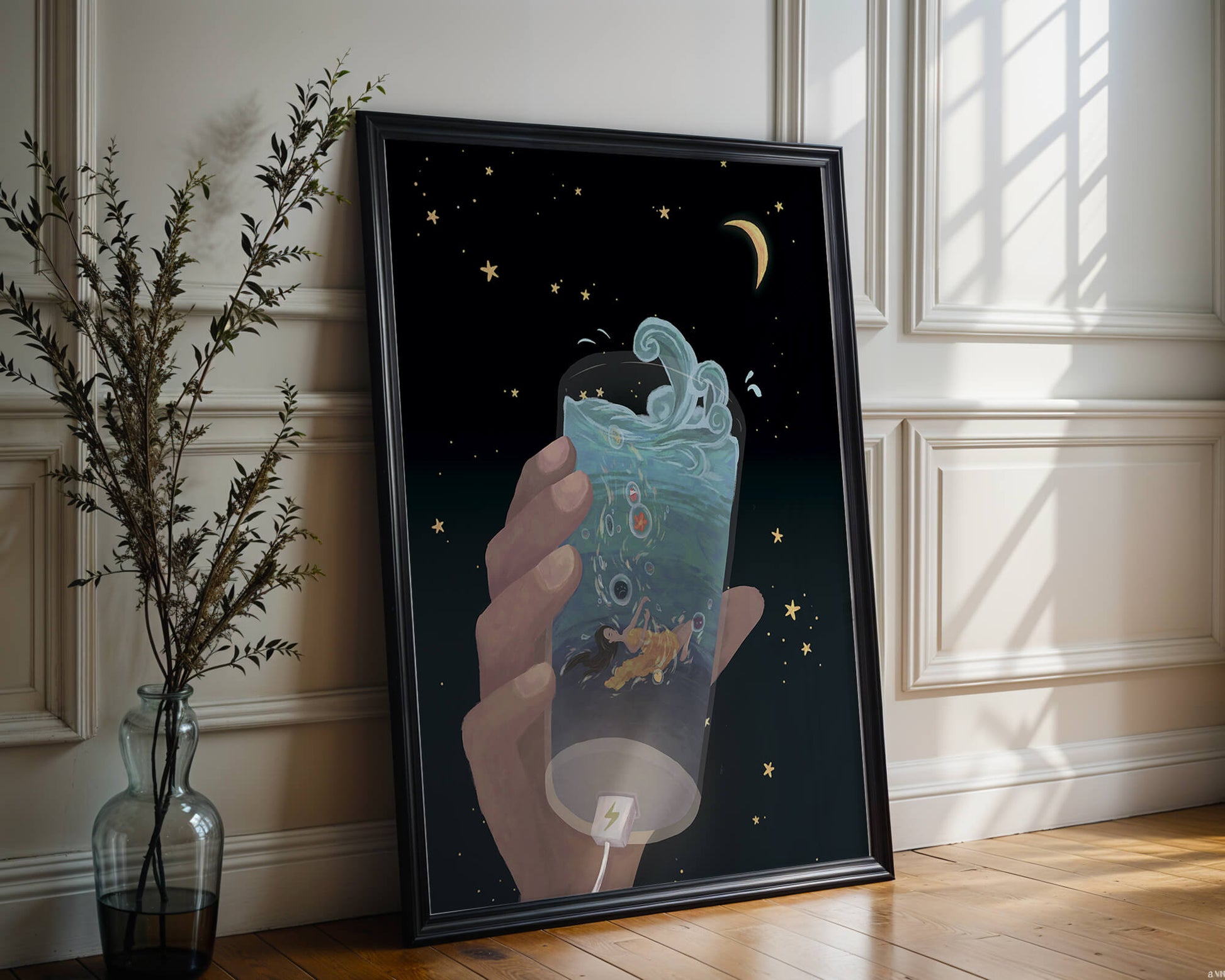 Abstract night sky scene with hand holding a glass of swirling water