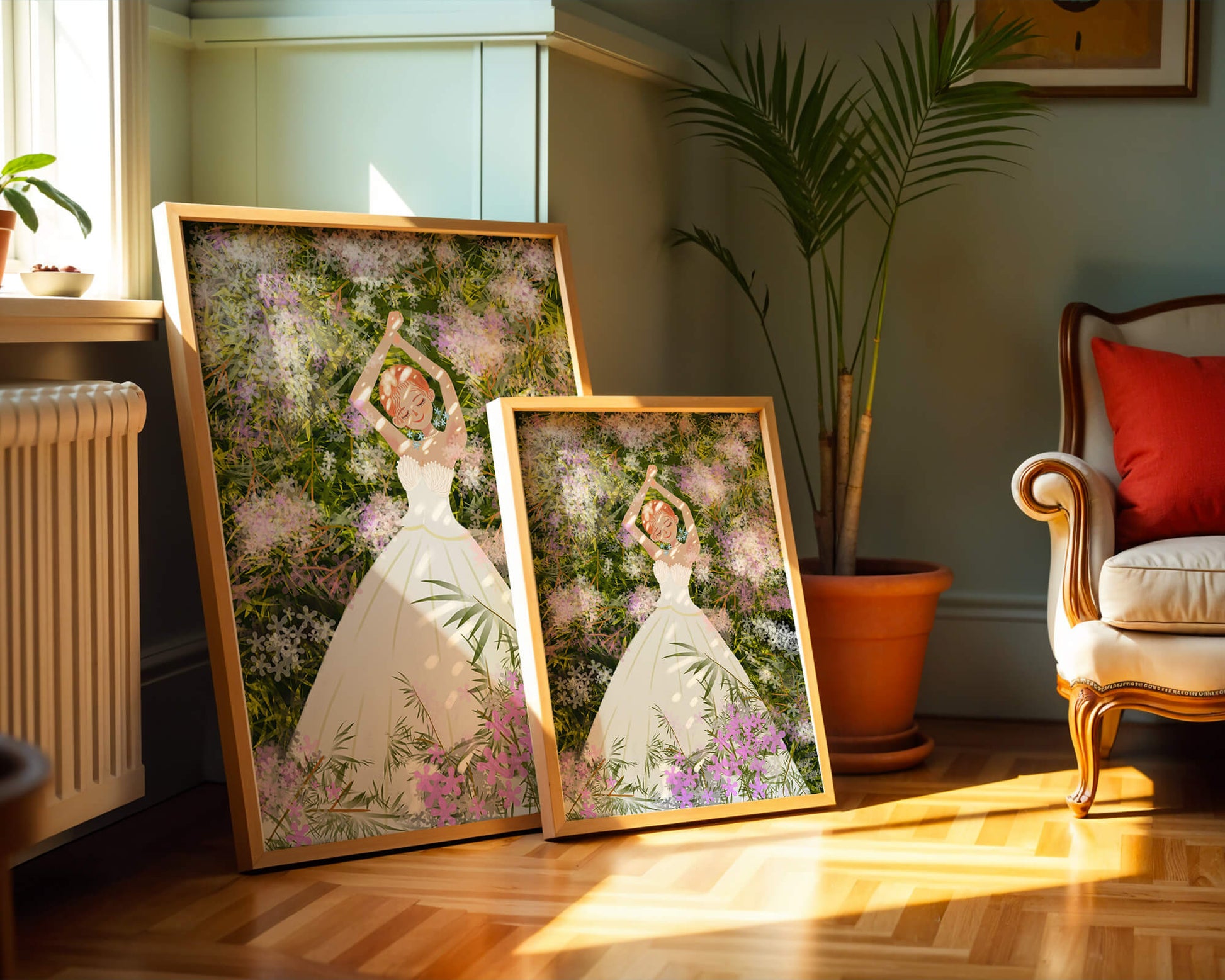 Woman in white dress lying among flowers in a garden