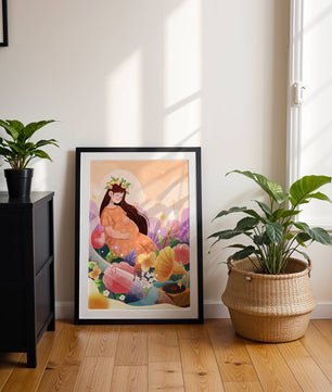 Femme dans la nature avec des fleurs et des notes de musique