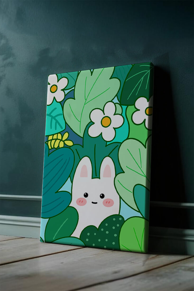 Illustration of a cute rabbit hidden among flowers and greenery