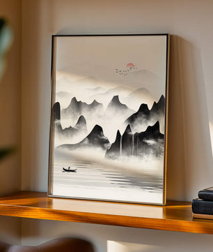 Peaceful mountain landscape with mist and rising sun